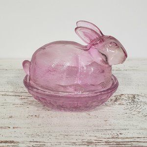Pink Glass Bunny  Trinket Bowl  Candy Dish  Rabbit & Easter Egg Basket